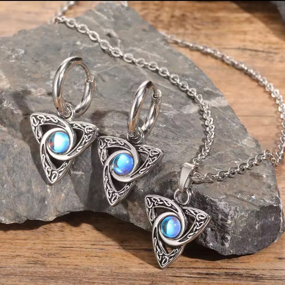 Stainless Steel Celtic Knot Jewelry Set with Blue Moonstone Accents